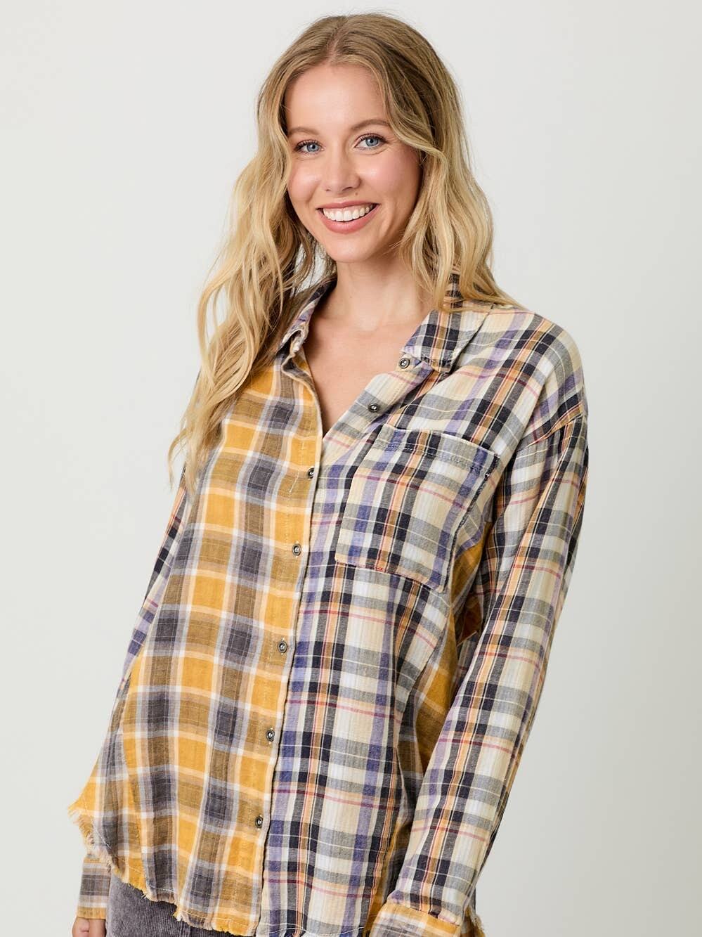 Mystree Mixed Plaid Oversized Button Down Shirt 100% Cotton Raw Hem